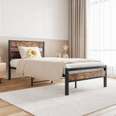 Twin Platform Bed Frame, Rustic Wood Headboard, No Box Spring